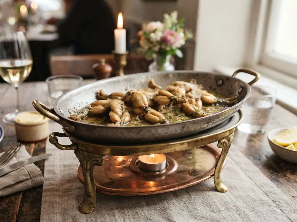 Cuisses de grenouilles au beurre, servies en cocotte